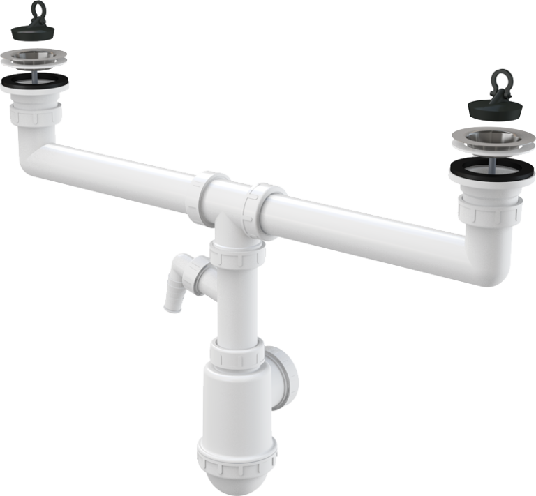 ALCA sifon voor dubbele lavabo met 2x zeef inox 70 mm, 1x wasmachine aansluiting